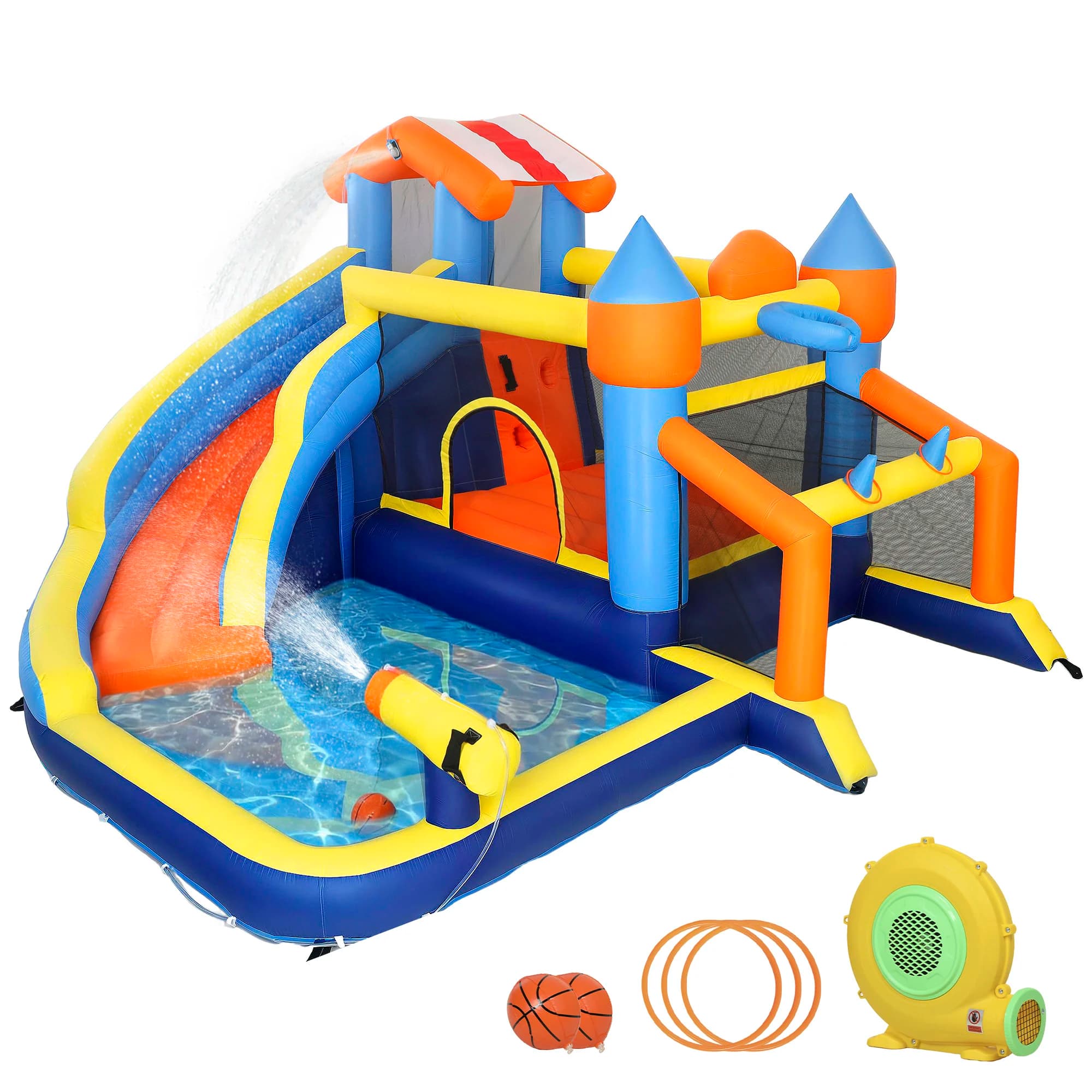 8 in 1 Inflatable Castle, with Blower, Slide, Paddling Pool, Trampoline, Climbing Wall, Suitable for Indoor and Outdoor, 350x325x210 cm, Colorful, Outdoor Inflatable Castle, Outdoor Inflatable Toys, Inflatable Toys