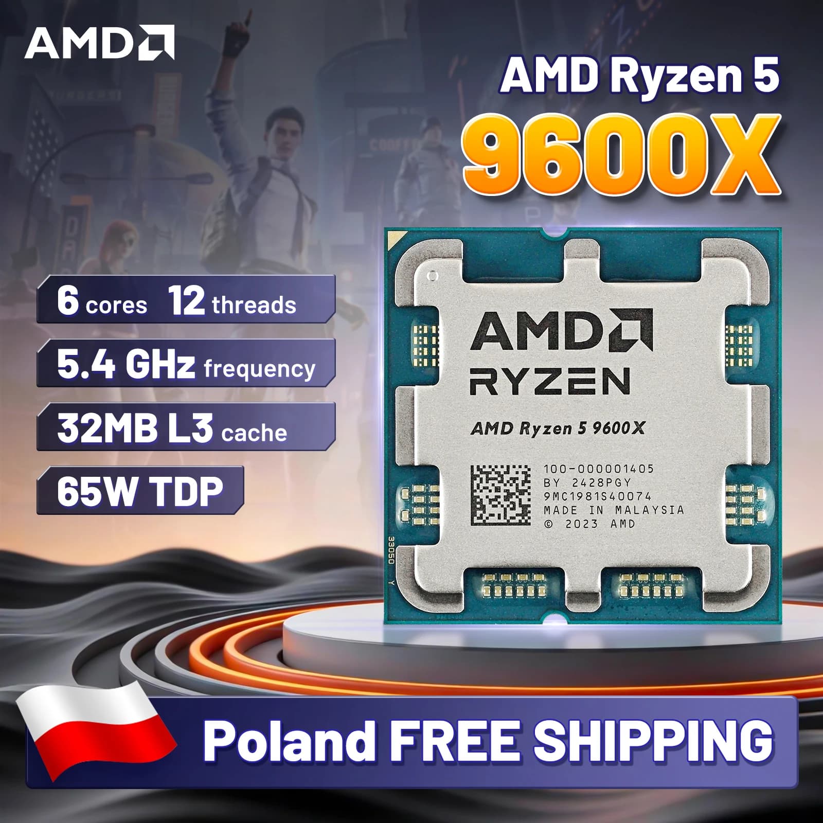 AMD Ryzen 5 9600X-6-core, 12-thread, 5.4 GHz, 4 NM technology, Radeon integrated graphics, DDR5 memory, PCIe 5.0, AM5 slot, TDP 65 W.