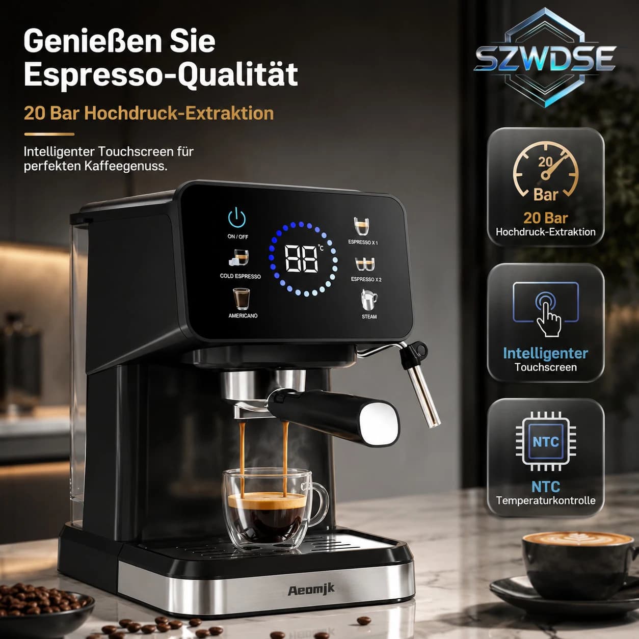 Semi-Automatic Espresso Machine 220V with 1.5L Water Tank for Home.Touch Screen Control for Hot & Cold Brewing, Built-In Milk Frother The Espresso Machine Functions as a Premium Home Coffee Maker.