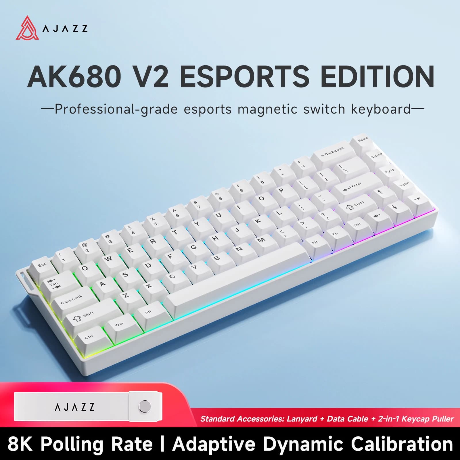AJAZZ AK680 V2 68% Wired RGB Gaming Keyboard, Rapid Trigger, Ice Isle Switches (8K Polling Rate), PBT Keycaps, Ergonomic, Win/Mac Compatible, USB Wired, Ribbon Design, OEM Profile