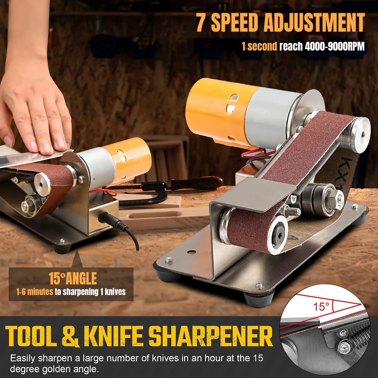 Mini Electric Belt Sander 330*30mm 7-Speed Adjustable 4000-9000RPM 775 Motor Knife Sharpener Polishing Machine with 30 Sand Belts, Sanding Wheel, Polishing Wheel, Reverse Function for Woodworking Metal Grinding