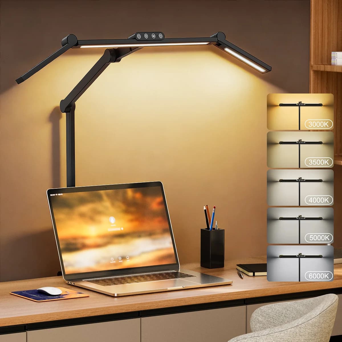 24W Super Bright LED Desk Lamp with Clamp, 5 Color Temperatures & 5 Brightness Levels Flexible Table Lamp for Home Office