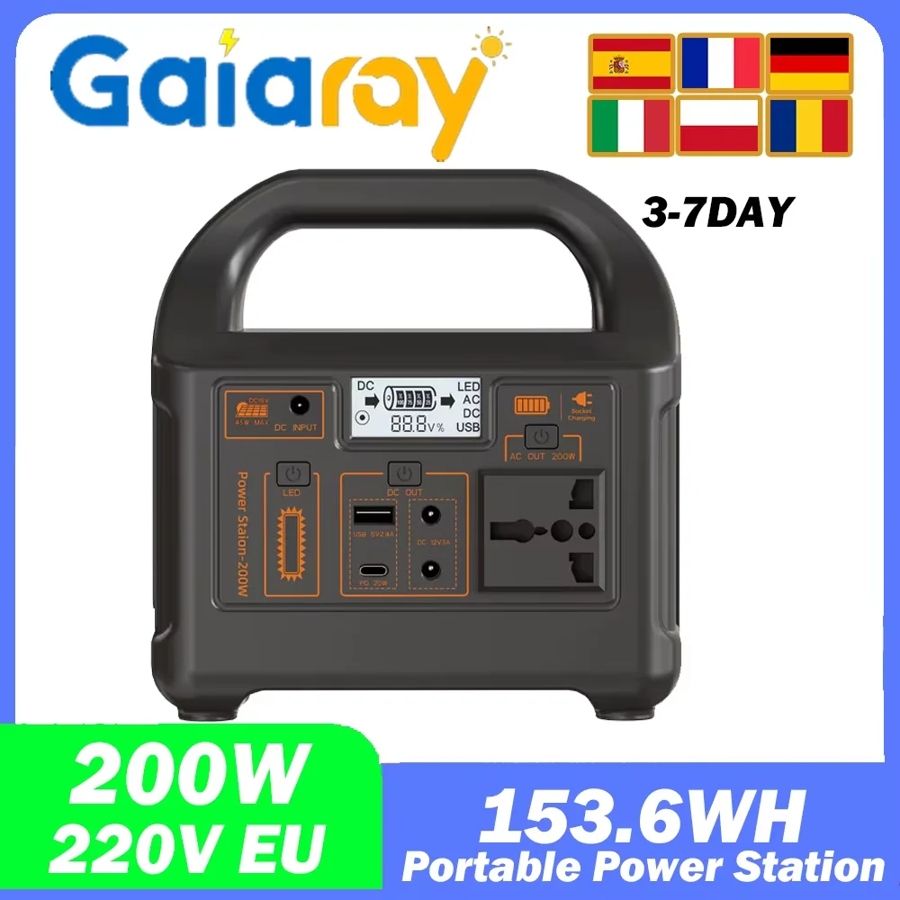 Gaiaray Portable Power Station 200W 153.6Wh Solar Charging Power Supply 220V LiFePo4 Battery for Outdoor Camping and RV