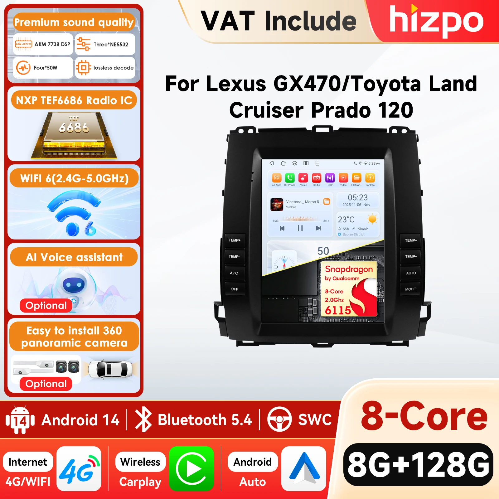 Hizpo Car Radio for Toyota Land Cruiser Prado 120 2002-2009 Lexus GX470  Audio Multimedia Player CarPlay Android Auto Bluetooth