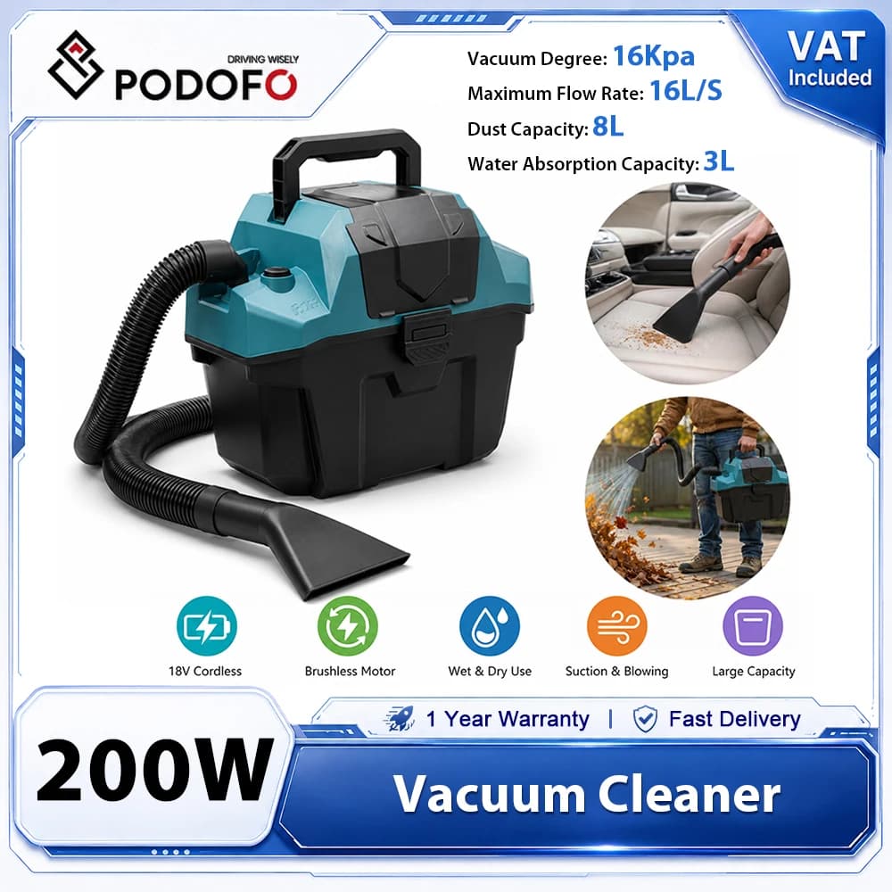 Podofo 18V Cordless Wet Dry Vacuum Cleaner 200W Brushless Motor Rechargeable Handheld Vacuum Blower 2-in-1 Suction Blowing Function 11L Large Capacity for Home Car Floor Workshop