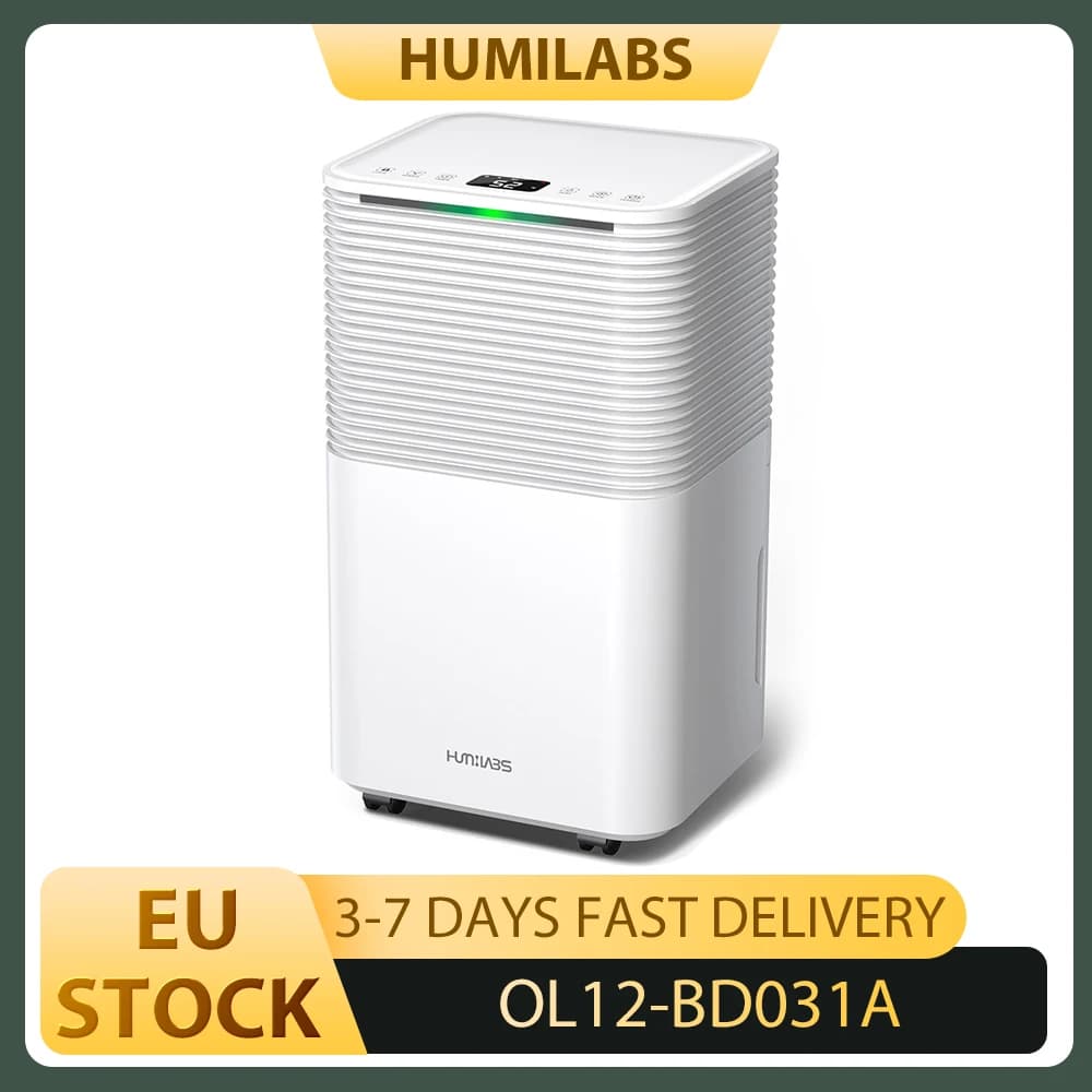 HUMILABS 12L Portable Home Dehumidifier, 2L Water Tank, 24H Timer, 3 Modes, Auto/Manual Drainage, LED Touch Screen, Low Noise