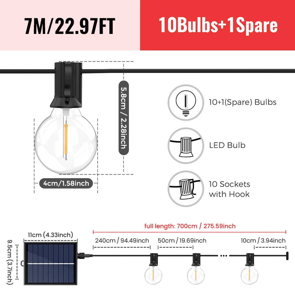 G40 LED Warm White Solar String Lights with Remote Control & 8 Flashing Modes - Adjustable Brightness,, Weather-Resistant for Ga
