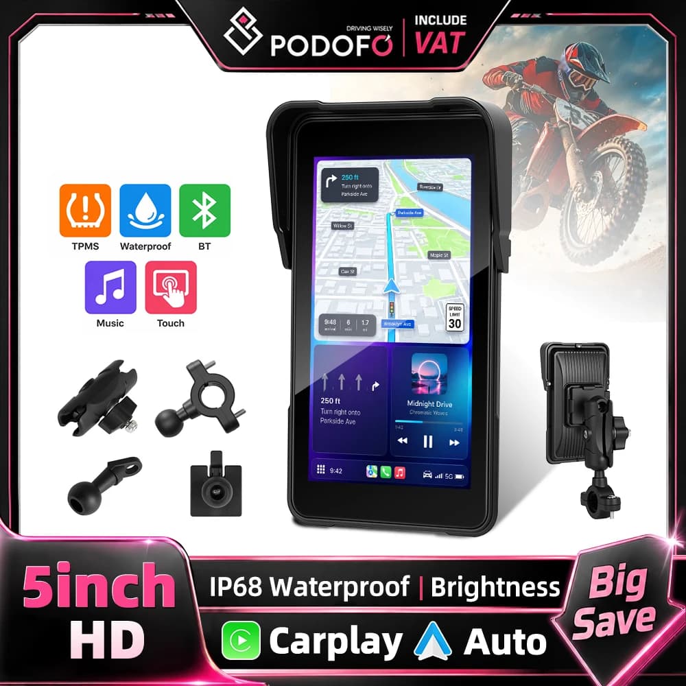 Podofo 5 Inch Vertical Screen Smart Motorcycle Display Wireless Carplay Android Auto Navigation IP68 Waterproof BT Brightness Adjustment Motorcycle Monitor 12V Multiple Languages Portable Monitor Smart Player
