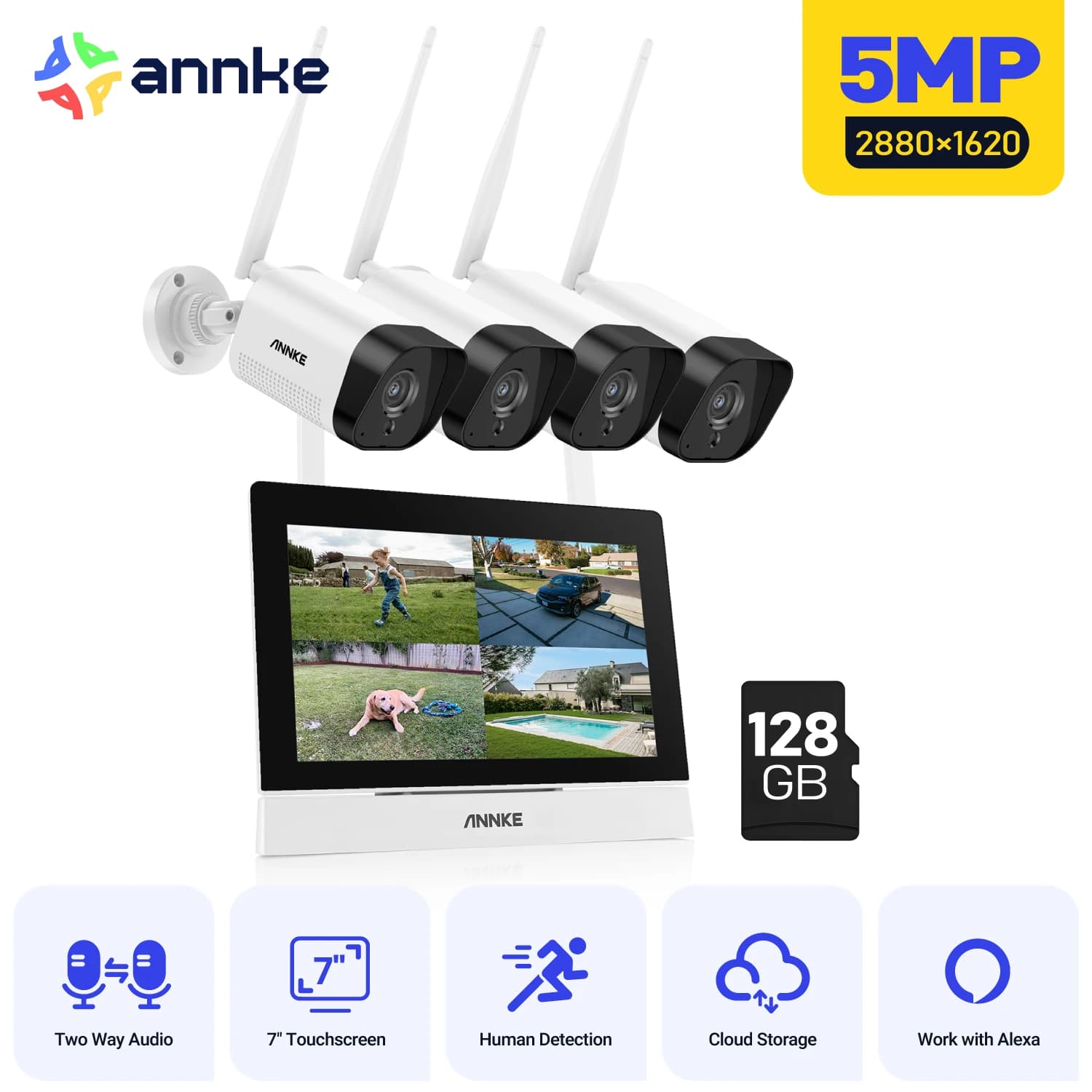 ANNKE 5MP Wireless Security Kit 4CH 5MP HD NVR with 7" Touchscreen 5MP Cameras,100ft Night Vision, Two‑Way Audio, AI Human Detection, H.264+ Compression, Plug‑and‑Play Wi‑Fi