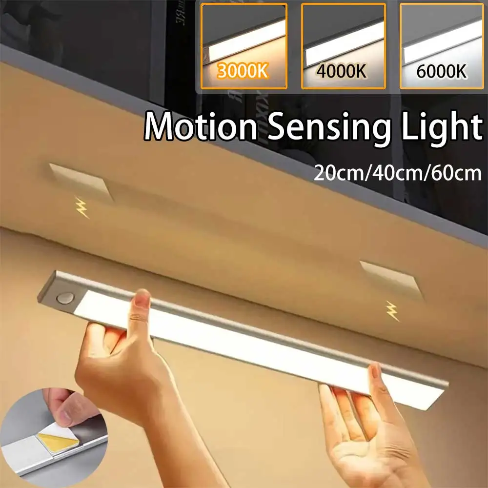 New 20/40/60cm Motion Sensor Light, Wireless LED Night Light USB Rechargeable Night Lamp Cabinet Wardrobe Lamp Under for Kitchen
