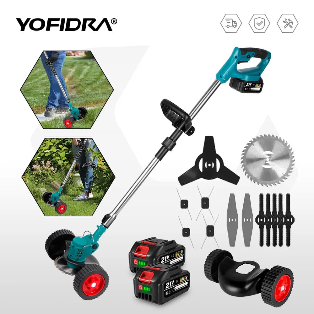 YOFIDRA Electric Lawn Mower Cordless Garden Grass Cutting Trimmer 100-135cm Length Cutter Power Tool For Makita 21V Battery Pin
