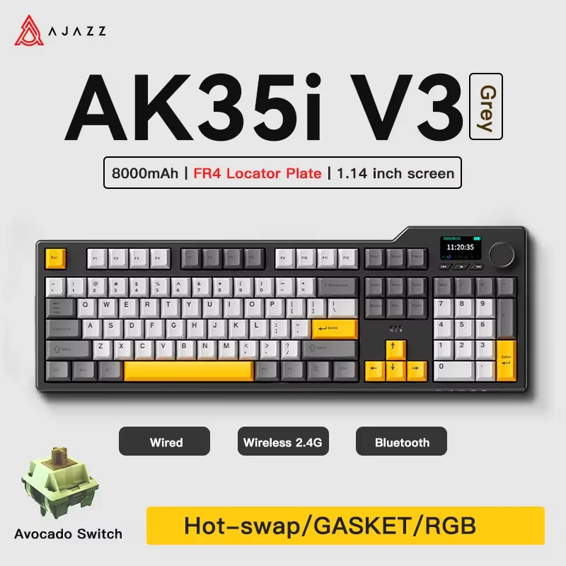 AJAZZ AK35I V3 Full Size Hot Swap Mechanical Gaming Keyboard with Screen & Knob,Three-mode connection FR4 Plate 8000mAh,LED RGB