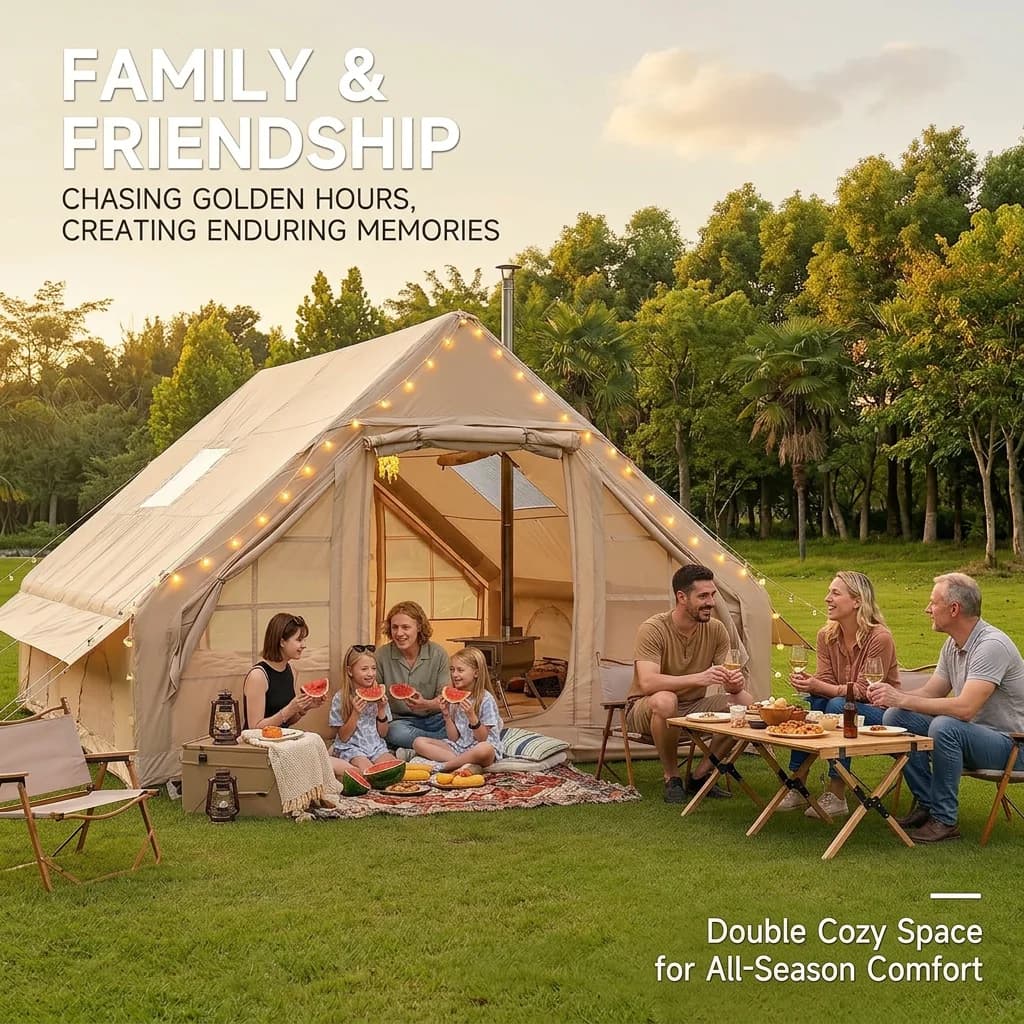 Khaki Camping Tent with 2 Bedrooms 1 Hall Accommodating 6-12 People Double-Layered Waterproof Windproof Suitable Outdoor Camping