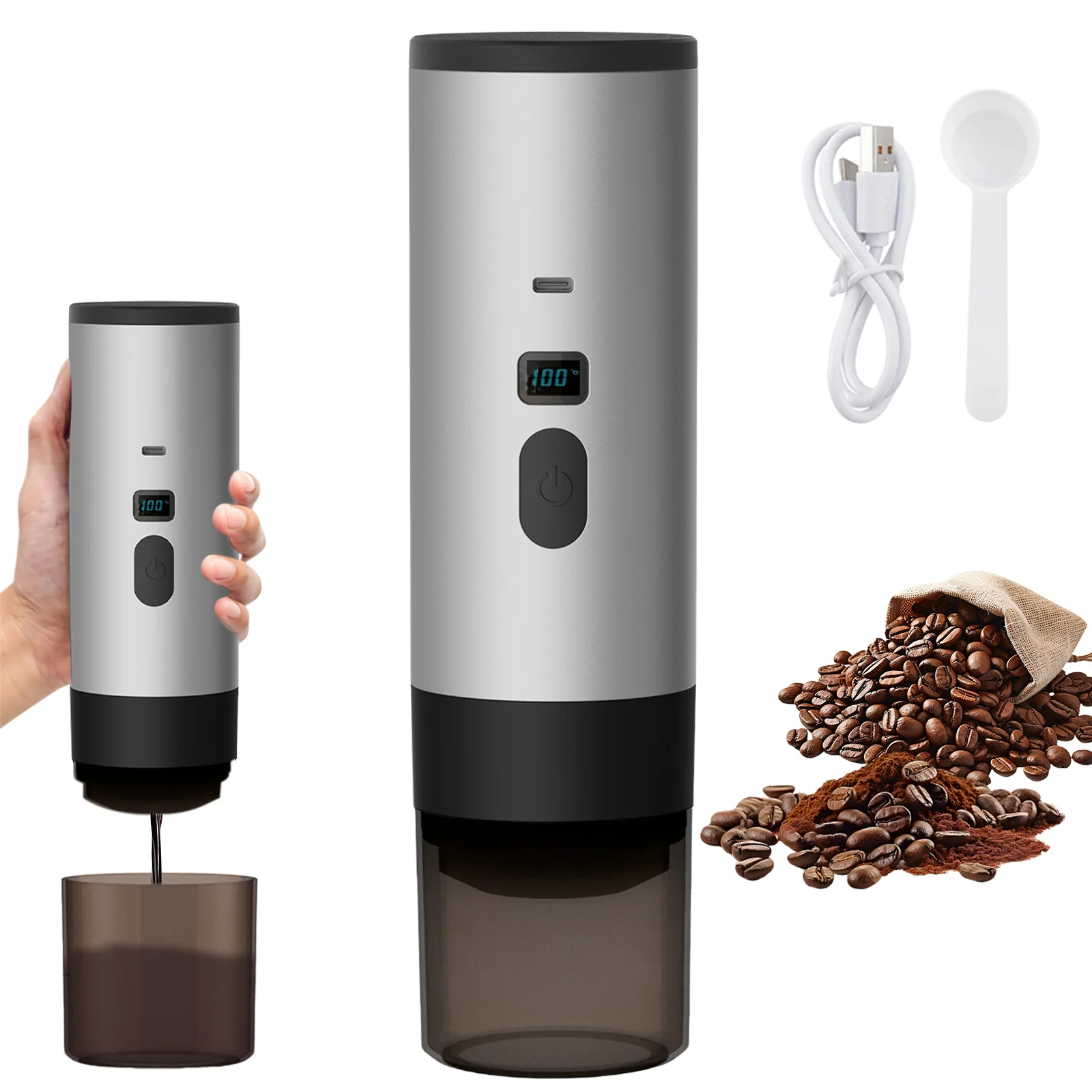 15 Bar Pump Pressure USB-C Rechargeable Travel Coffee Maker, 3-in-1 Compatible with Large/Small Capsules & Ground Coffee, 90℃ Heating Anti-Dry Burn Mini Espresso Machine for Camping Car Office Home
