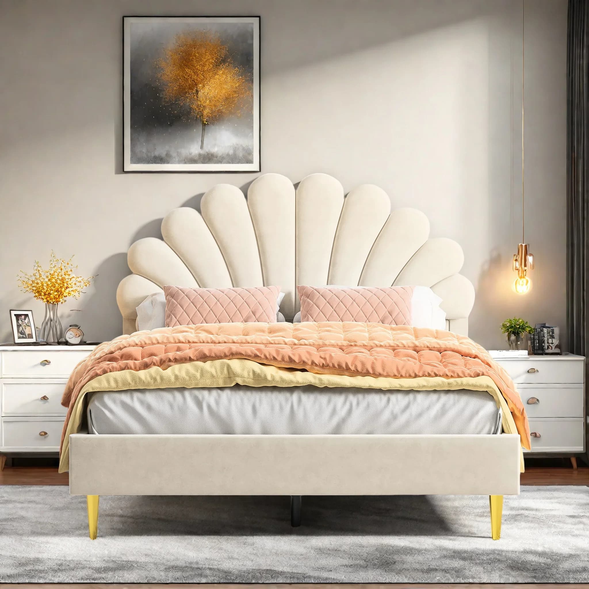 Rosahqnda Children's Bed Upholstered Bed 140 x 200 cm, Bed Frame for Girls with Floral Headboard and Slatted Frame, Velvet Double Bed Shell-like Bed with Golden Iron Legs, without Mattress
