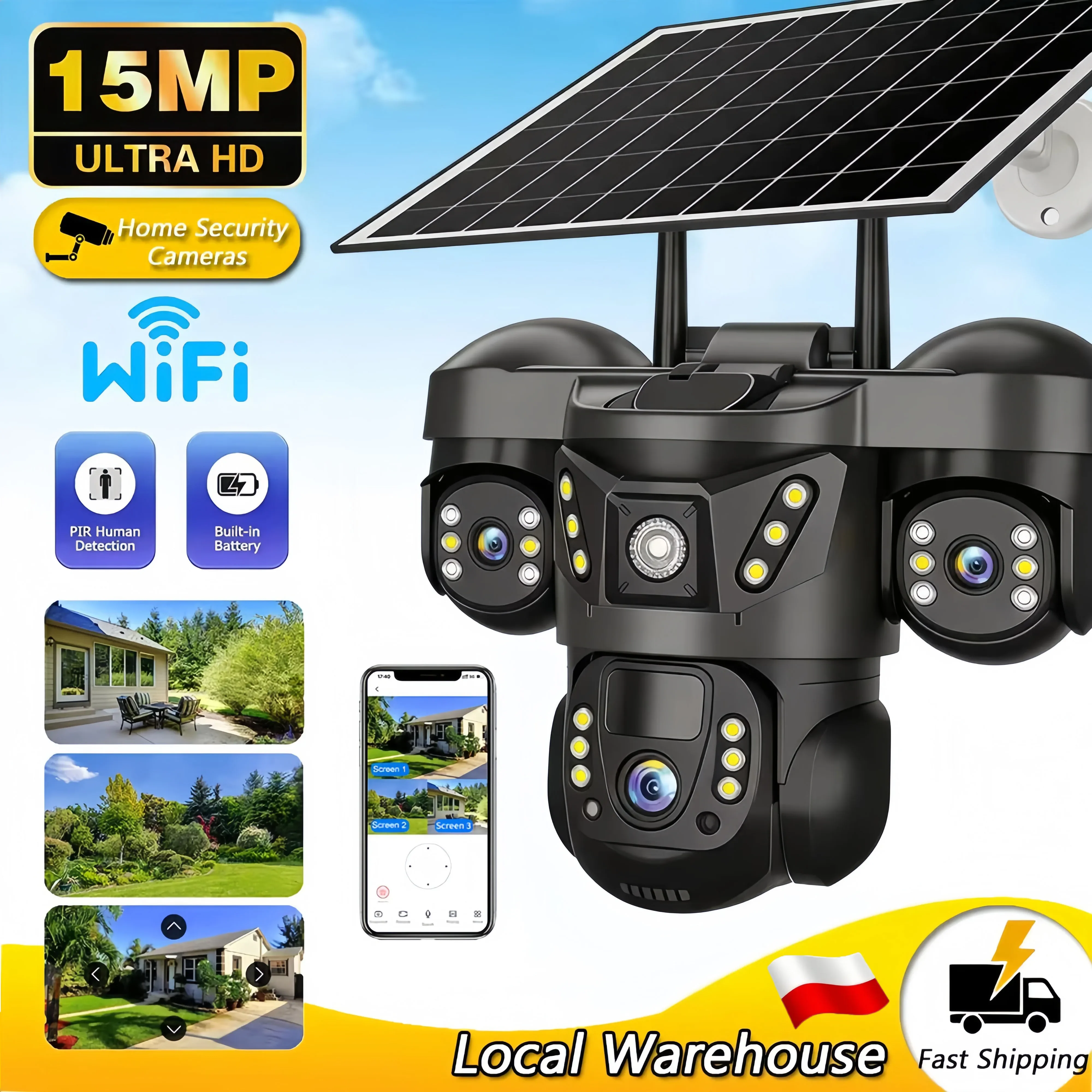 WiFi Solar Camera 3Lenses Outdoor 15MP Low Power Battery IP Camera PIR Night Vision V380 Pro Outdoor CCTV Security PTZ IP66 Home Camera