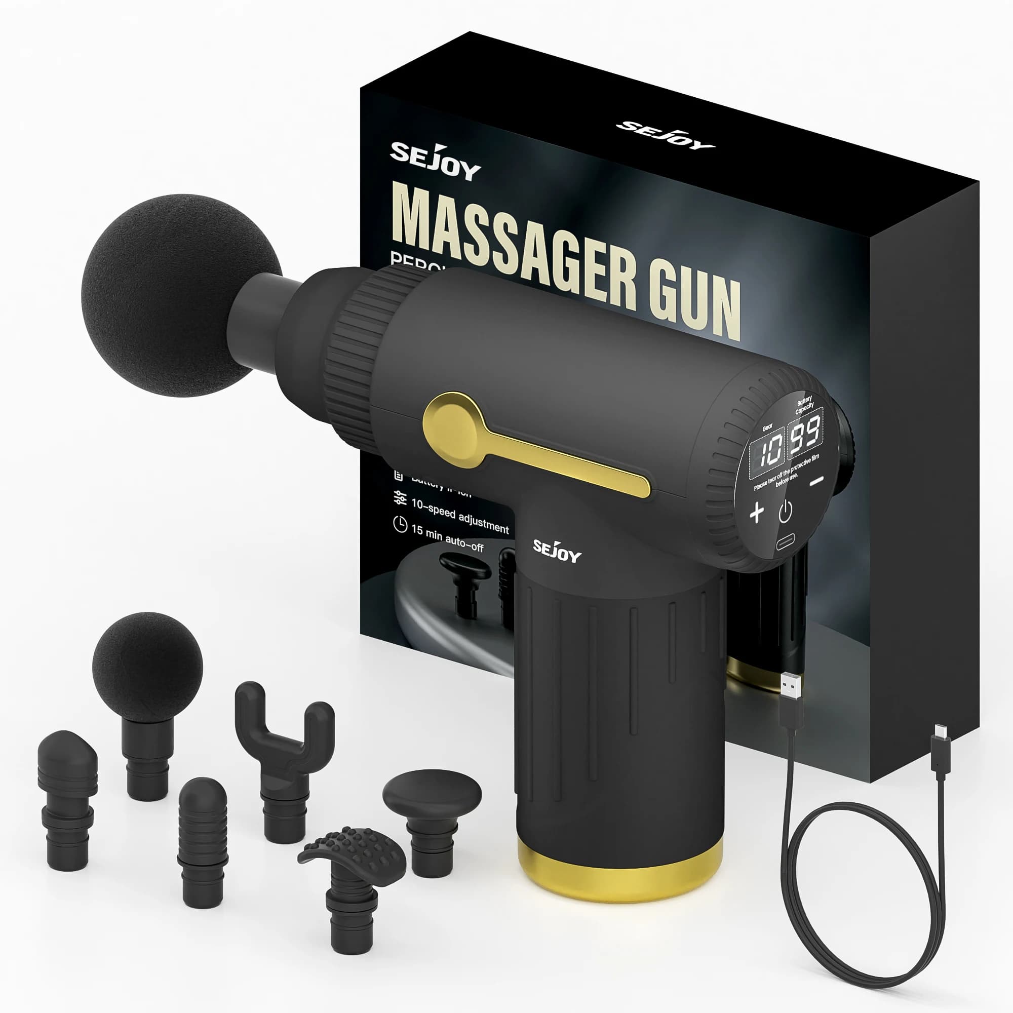 SEJOY Portable Fascia Gun 6 Heads Vibration Massage Gun For Body Neck Back Deep Muscle Relaxation 10 Gears LCD Touch Screen