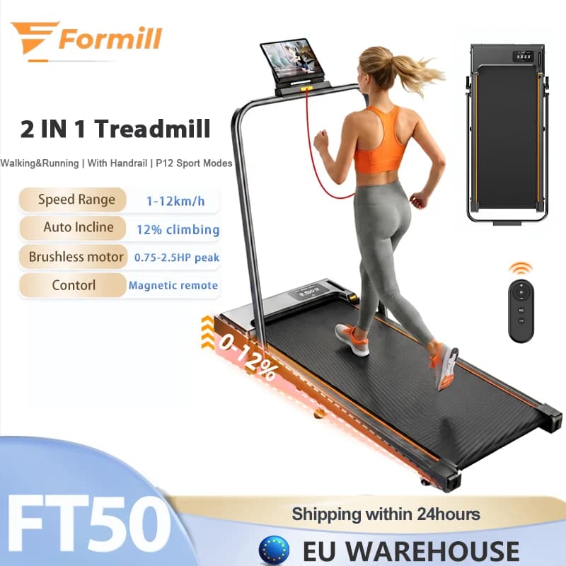 Formill 2 IN 1 Treadmill FT50 Brushless Motor Treadmill, 12% Manual Incline & 12 Preset Modes, No Assembly Folding Walking Running Machine for Home Use Walking Running Machine