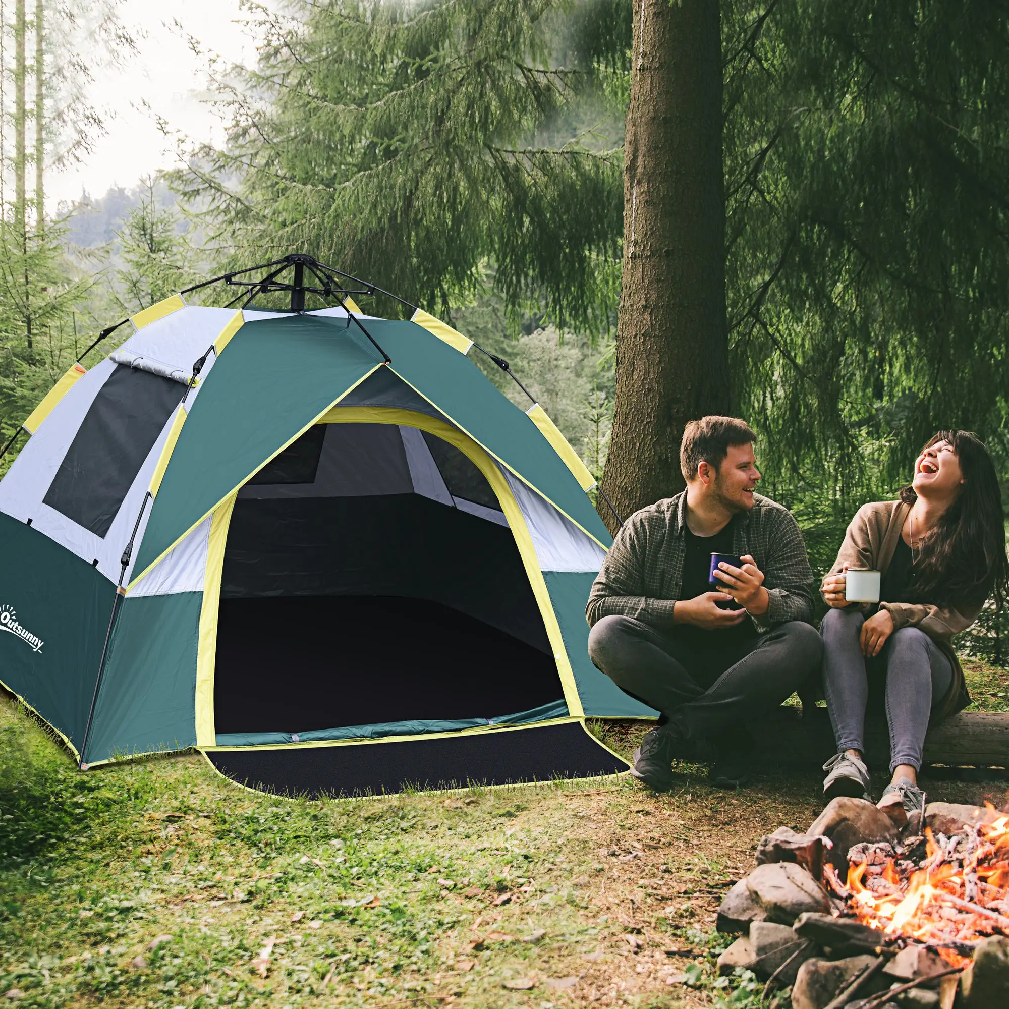 Person Pop Up Camping Tent, Size 205x195x135cm, Yellow Grey Green Colors. Quick Easy Setup & Take Down, Full Accessories
