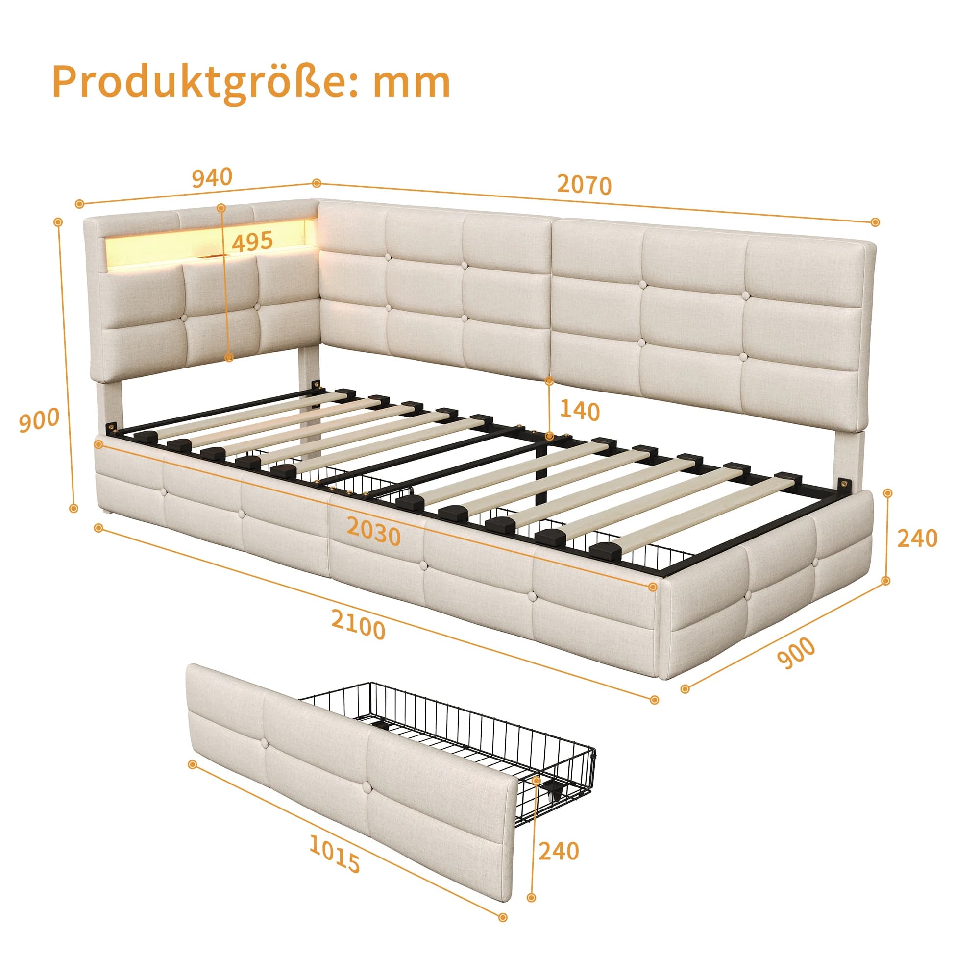Comanlai L-Shaped Sofa Bed,Single/Double Bed Frame,with 2 Drawers,LED Lights and USB Charging Station,Upholstered Day Bed