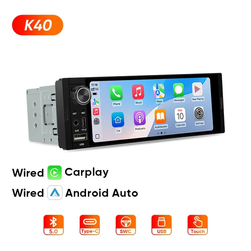 Ainavi 1Din Car Radio 6.36 inch Universal MP5 IPS Touch Screen Wireless Carplay Android Auto Car Multimedia Player USB BT Type-C 1 DIN Carplay