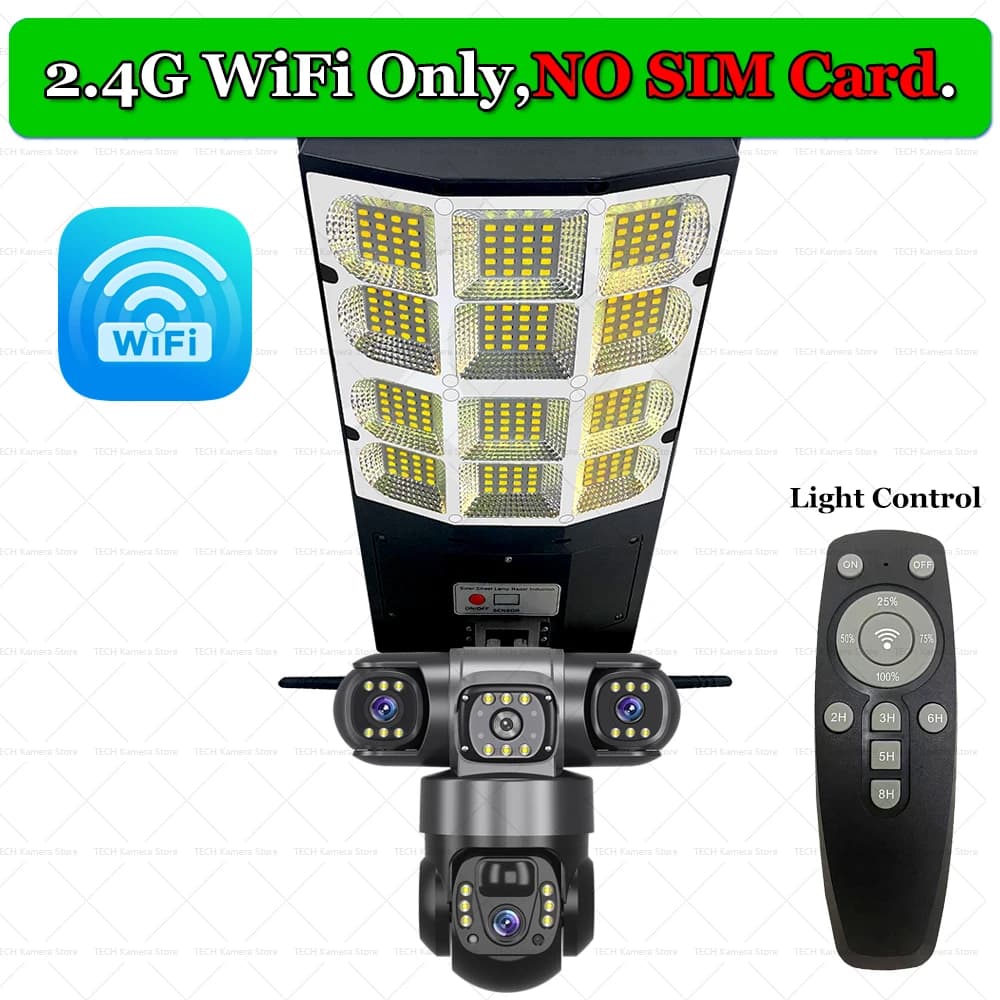 WiFi Solar Cameras Streetlight 2 in 1 3 Lens HD Night Vision Smart Home Security Protection 360 Wireless PTZ Monitor Remote Control IP CCTV Cameras Waterproof Tri-lens Solar Surveillance Monitoring