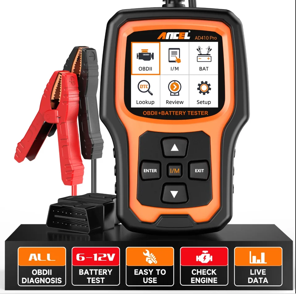 ANCEL AD410 PRO 2-in-1 OBD2 Scanner & Battery Tester Automotive Diagnostic Tool Engine Light Check EVAP Test Real-Time Data 6V/12V Battery