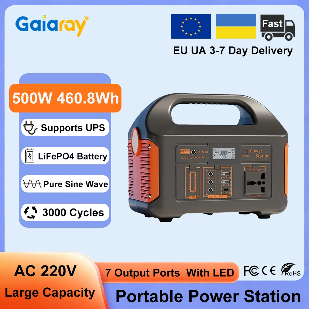 Gaiaray 500W Portable Power Station Pure Sine Wave Solar Generator 460.8Wh LiFePO4 Battery Power Plant AC 220V UPS Power Bank for Home Camping RV