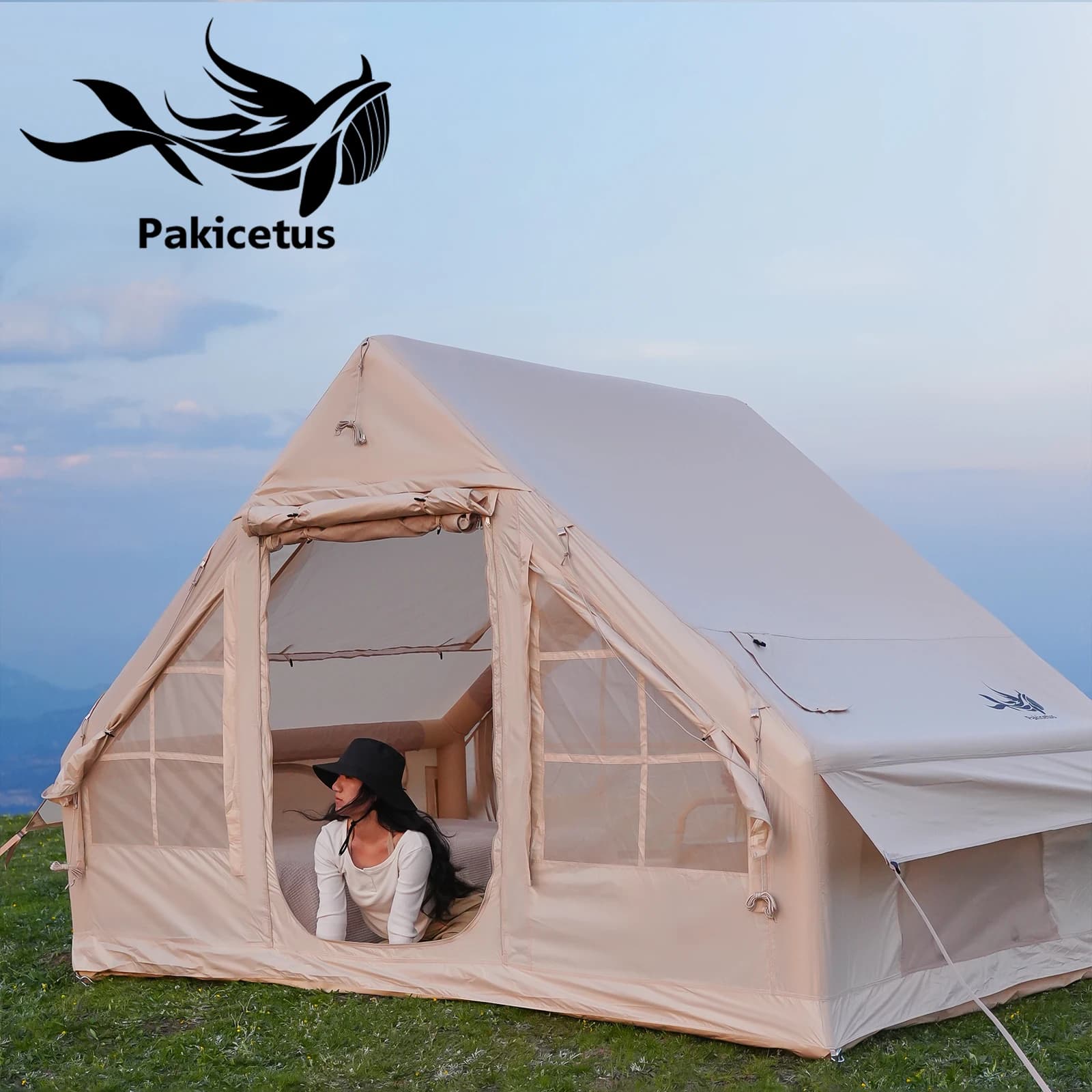 PAKICETUS Inflatable Camping Tent with Skylight All Weather Windproof UV Protection Stable Air Frame Lightweight Portable Outdoor Tent for 4-6 Persons Hiking Backpacking Travel