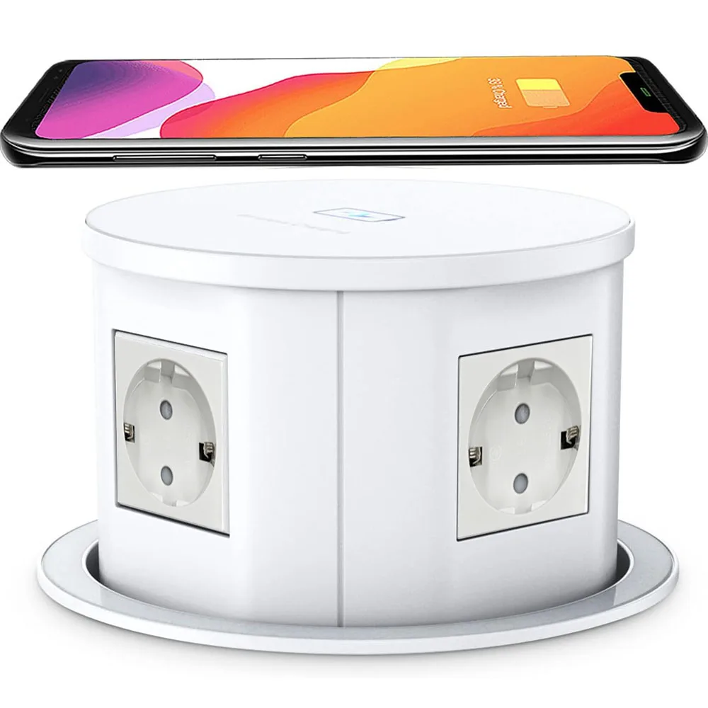 Smart pop-up countertop socket, manual lift, 110–220V, 5 AC outlets, USB-C, wireless charging, kitchen island, office desk,