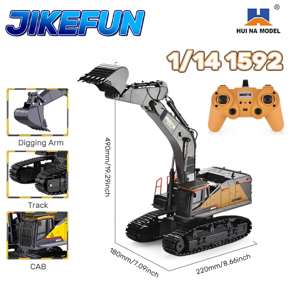 HUINA 1592 1/14 RC Excavator 22CH Semi-Alloy Remote Control Engineering Crawler Tractor 2.4G Electric Excavator Toys for Kids