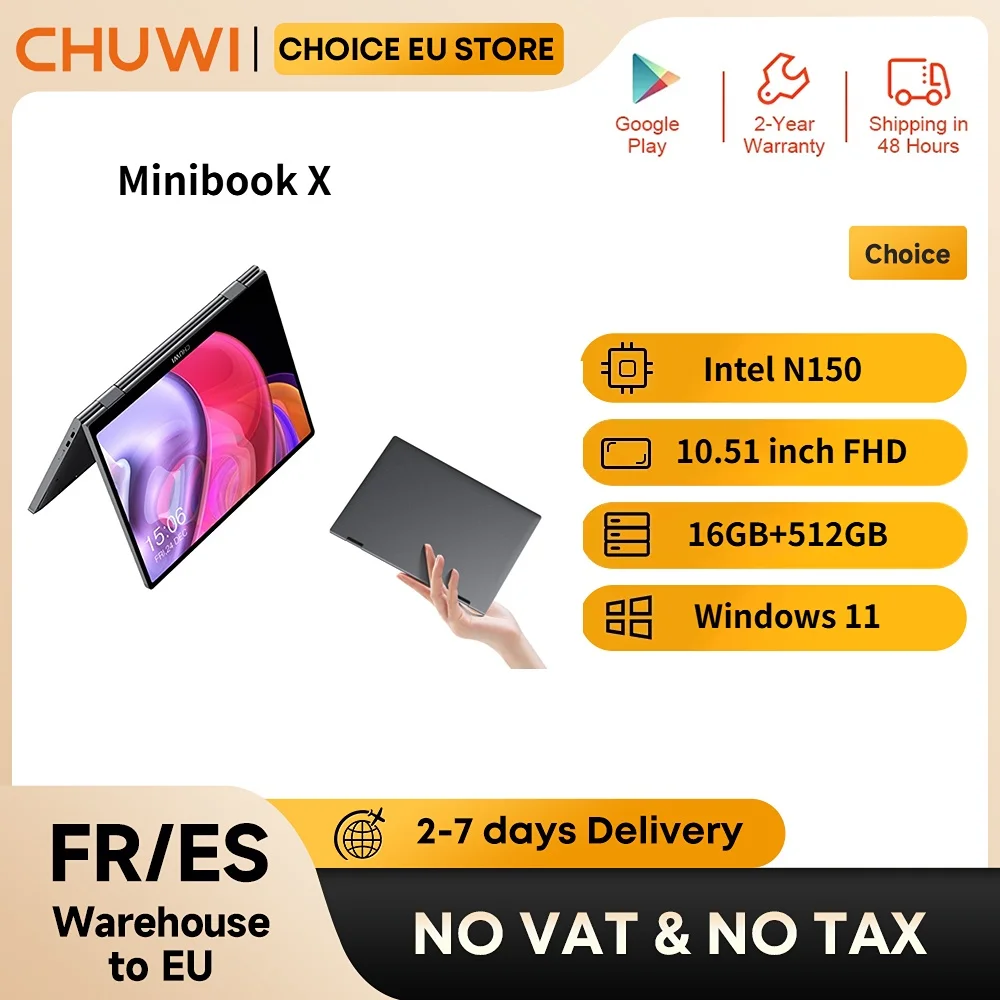 CHUWI MiniBook X N150 Laptop 10.51 Inch 16GB RAM 512GB SSD 2-in-1 Yoga Mode Intel  Windows 11 Notebook 360° Flipable WiFi 6