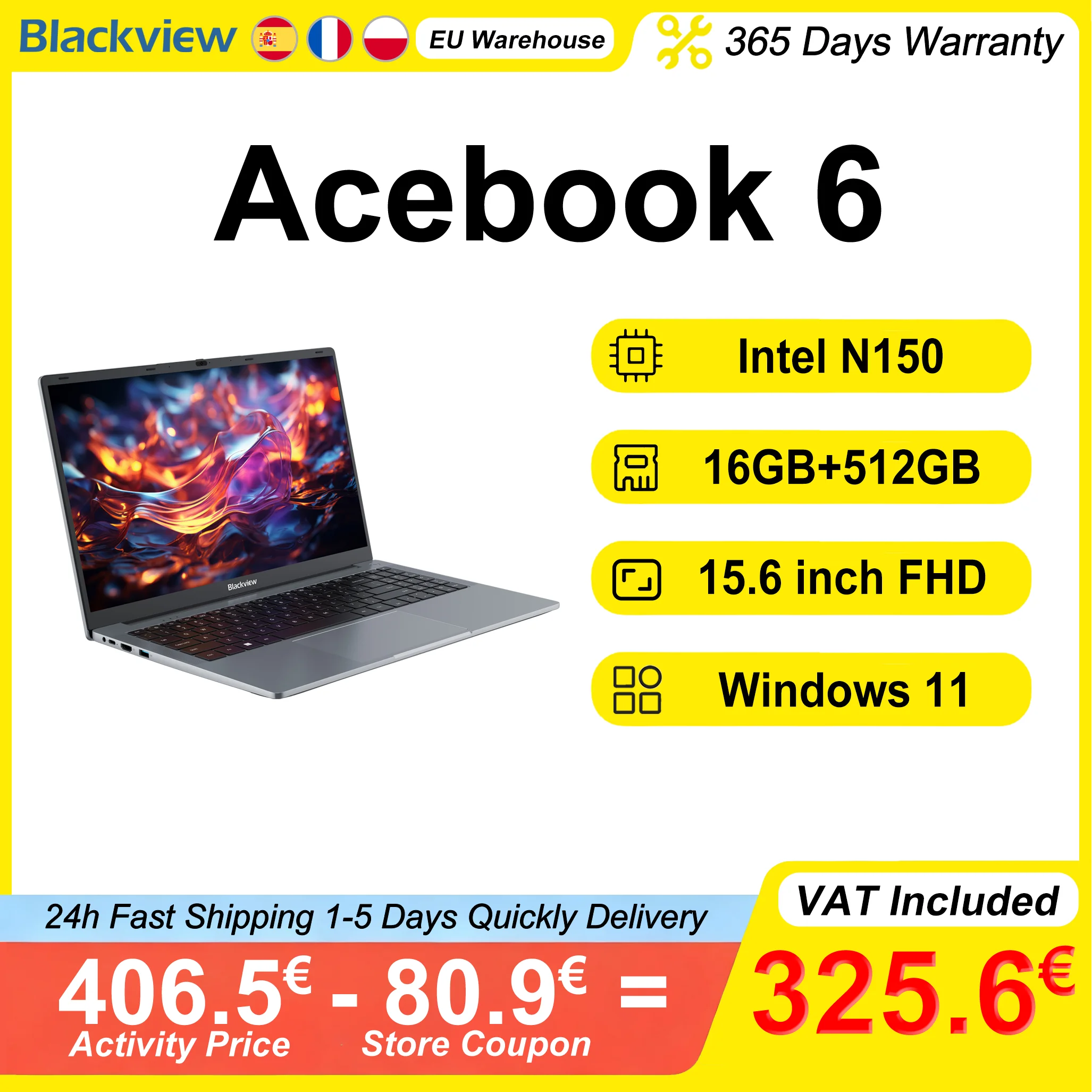 Blackview AceBook 6 Laptop 15.6" FHD IPS Intel N150 16GB RAM 512GB SSD Windows 11 Home 180° Flip Notebook Intel UHD Graphics