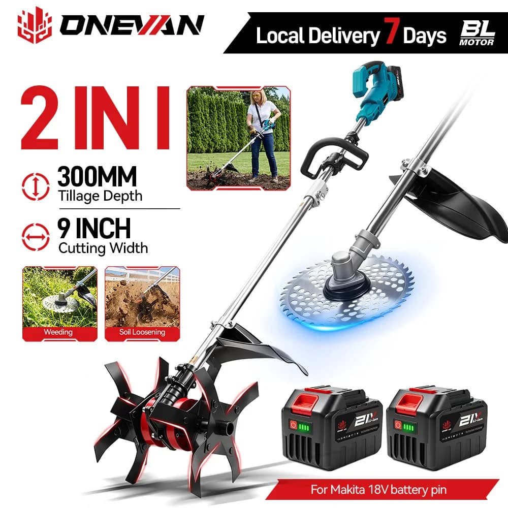 ONEVAN 2IN1 Brushless Electric Tiller Cultivator 1800W Garden Portable Cordless Lawn Mower Grass Trimmer Soil Turning Power Tool for Makita 18V Battery Pin