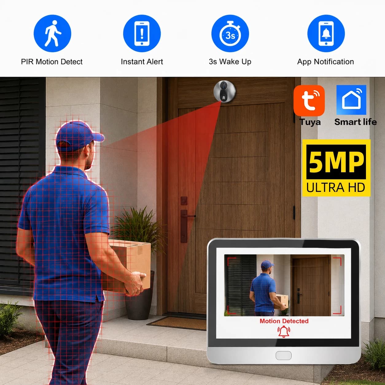Tuya 5MP Smart Life APP Battery WiFi Video Digital Door Peephole Viewer PIR IR Door Bell Magic Eye FHD Camera Home Security Compatible with Alexa Google Wireless Remote Monitoring System