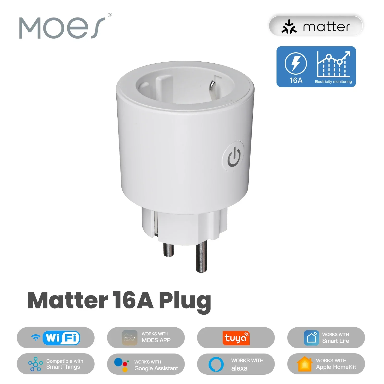 MOES Tuya 16A Smart Plug WiFi Socket with Power Monitor, Matter Compatible for Apple Home/Google/Alexa & Smartthings via App