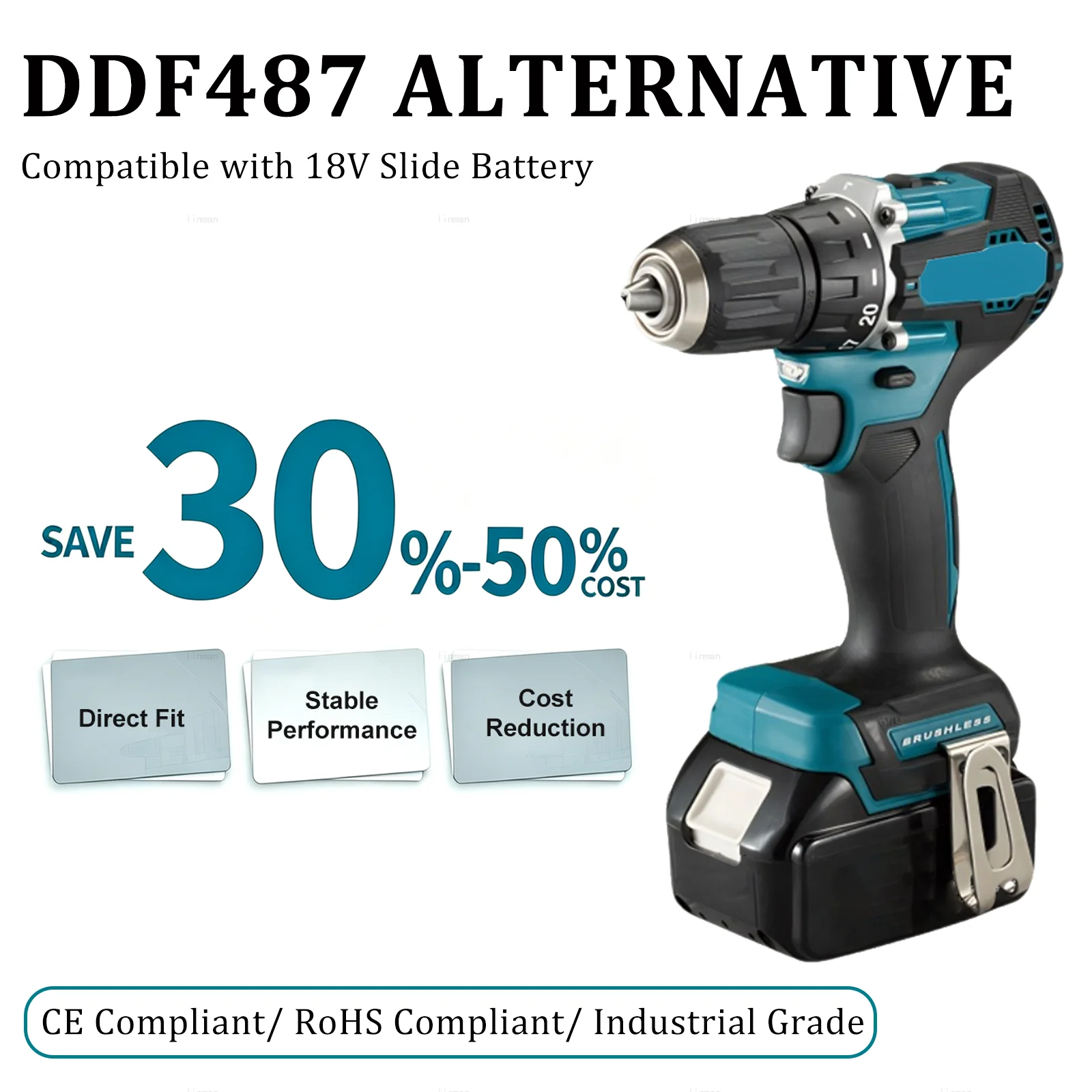For Makita Original DDF487 Cordless Driver Drill 18V Brushless Electric Impact Screwdriver Rechargeable Power Tool only tool