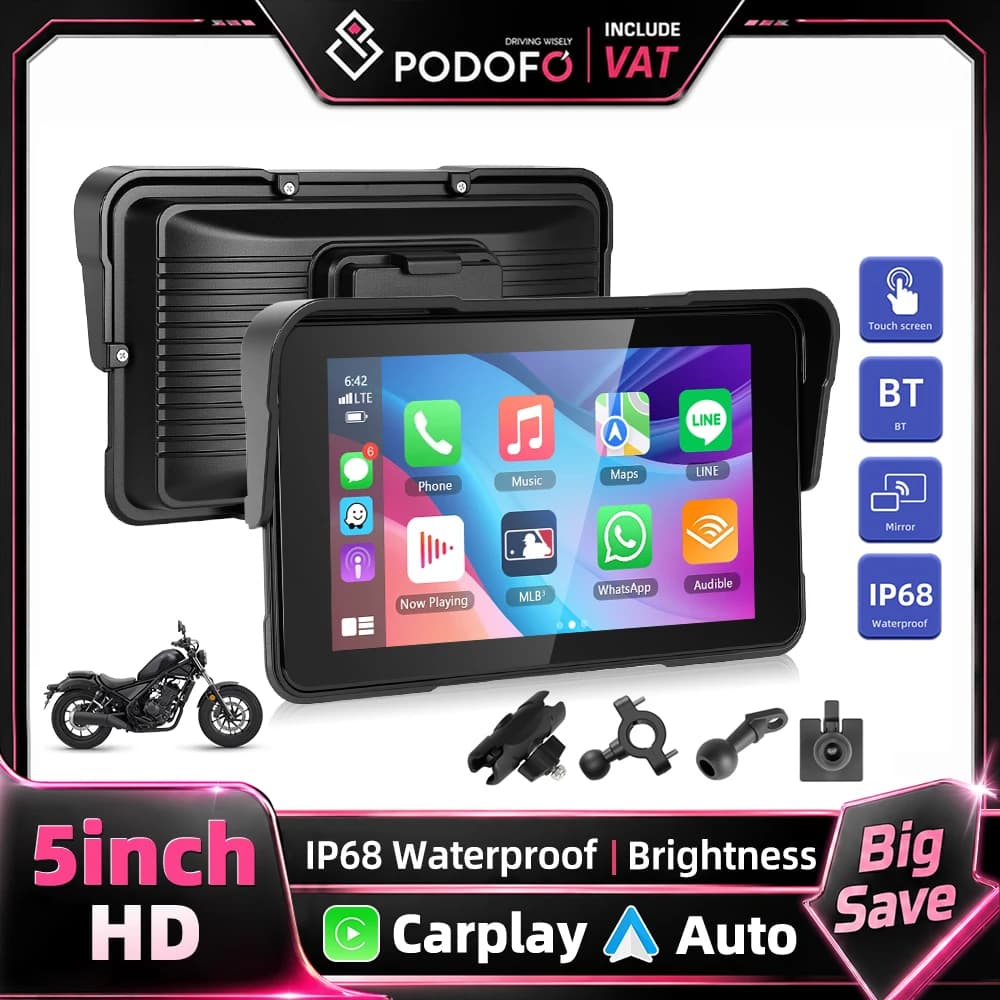 Podofo 5 Inch Vertical Screen Smart Motorcycle Display Wireless Carplay Android Auto Navigation IP68 Waterproof BT Brightness Adjustment Motorcycle Monitor 12V Multiple Languages Portable Monitor Smar