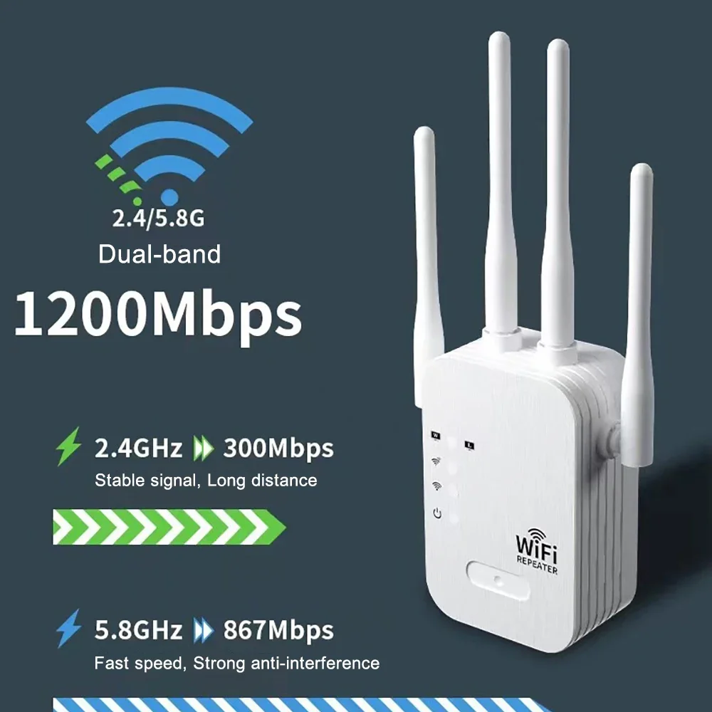 1200Mbps WiFi Repeater Dual Band 2.4G 5G Wireless Signal Extender Wifi Amplifier Router Long Range Wi-Fi Booster For Office Home