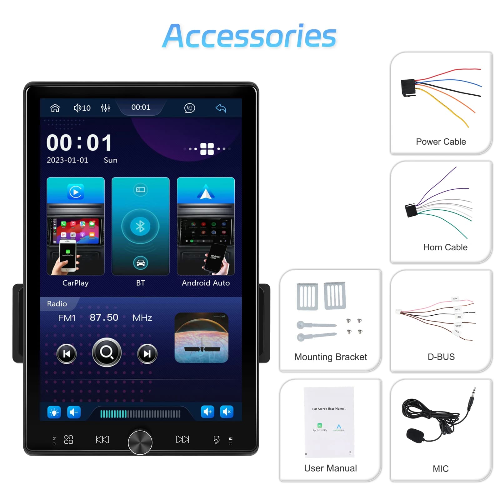 Podofo 10.4'' Vertical Screen Multimedia Player Wireless Carplay Android Auto FM/RDS BT Mirror Link MP5 Car Stereo