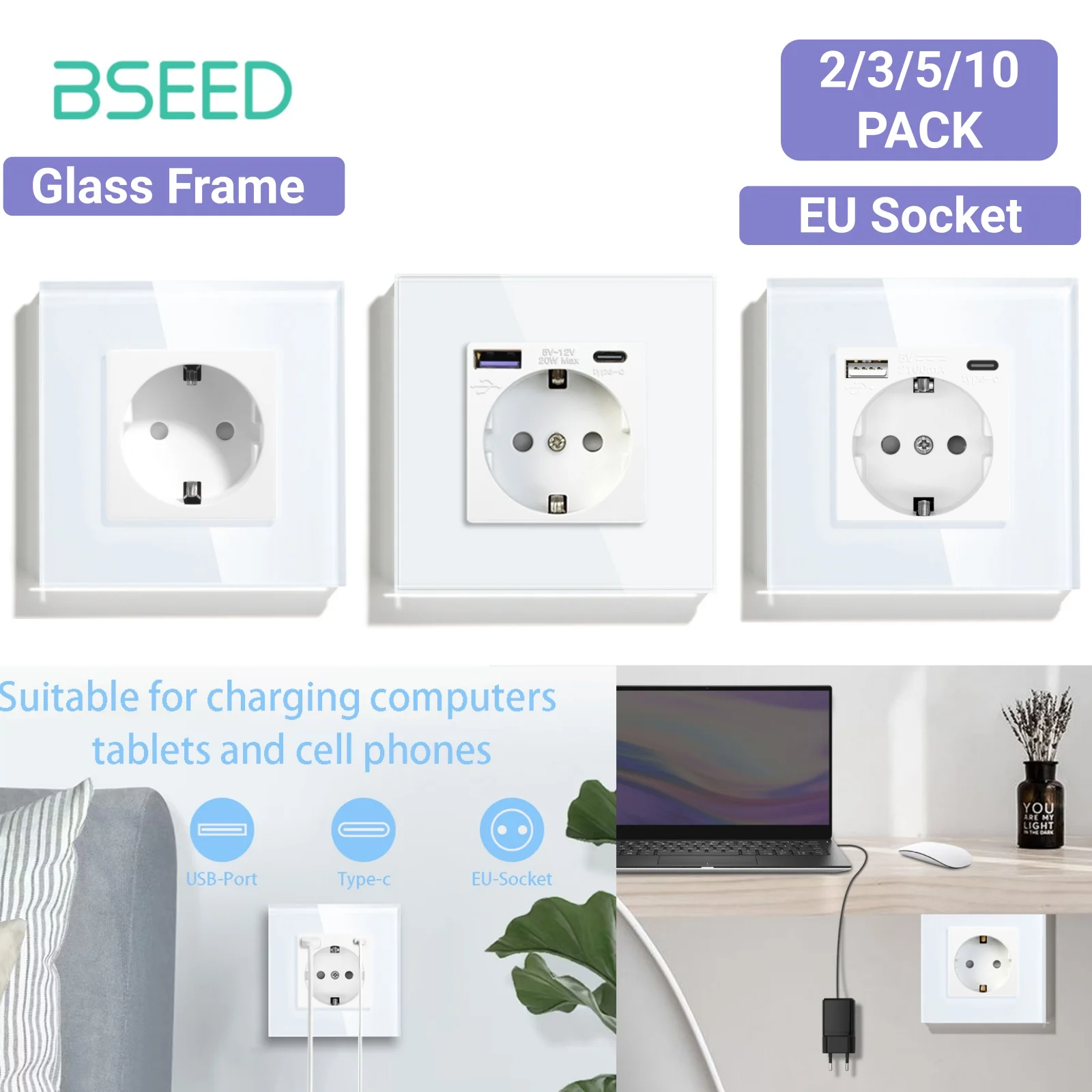 BSEED Single Socket EU Standard 86mm Wall Socket Phone Charge USB C Socket 16A Glass Frame 110V - 240V Electrical Outlet Type-c Wall Mounted White