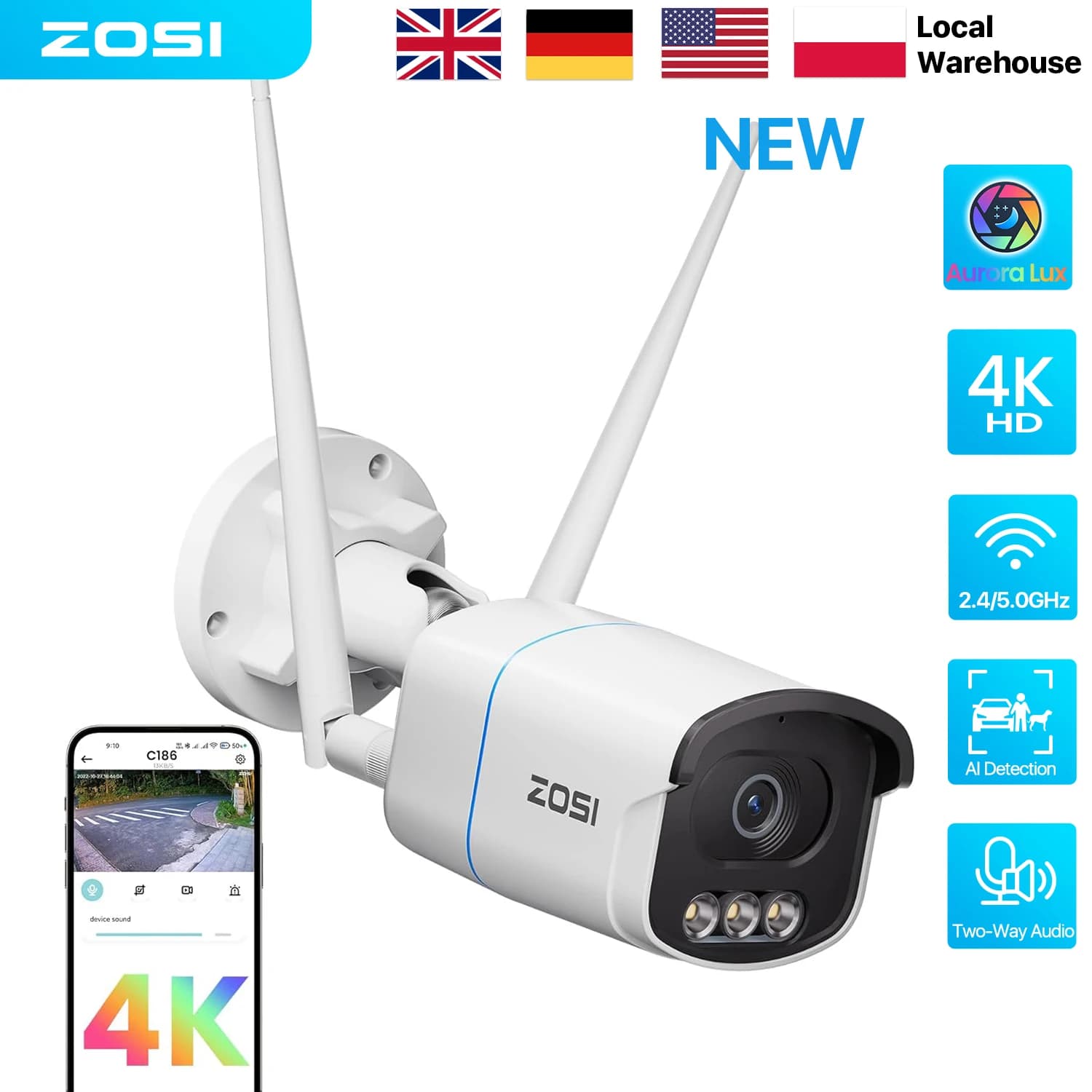 ZOSI 8MP/5MP Aurora Lux WiFi Security Camera True Full Color Night AI Detection Outdoor 4K/3K HD CCTV Video Surveillance Camera