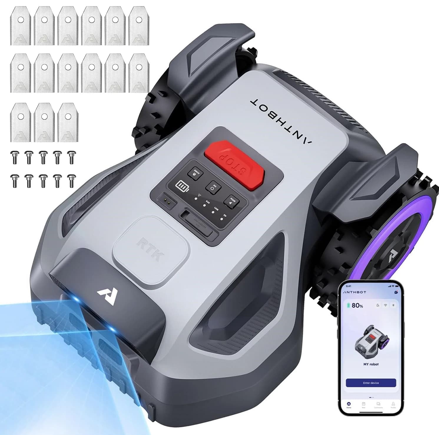 ANTHBOT M9 Robotic Lawn Mower, RTK Navigation + Dual Vision, 4G, 5000 mAh, 150 m²/h, 24° (45%) Slope, Multi-Zone Management, App Control, for Gardens up to 1200 m², Wire-Free Smart Lawn Robot