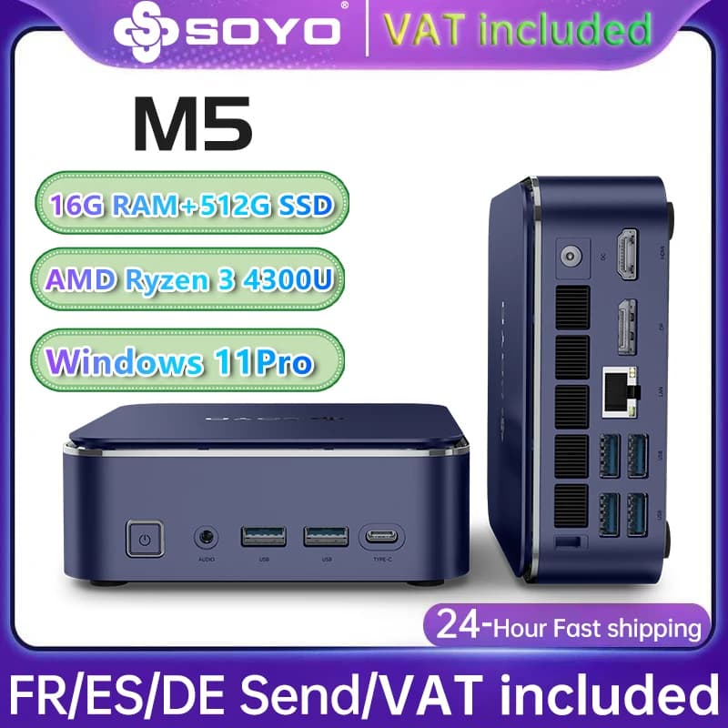Mini PC SOYO M5 Mini AMD Ryzen 3 4300U LPDDR4 16GB RAM 512GB ROM Wifi 5 BT5.0 Windows 11 Pro Desktop Computer