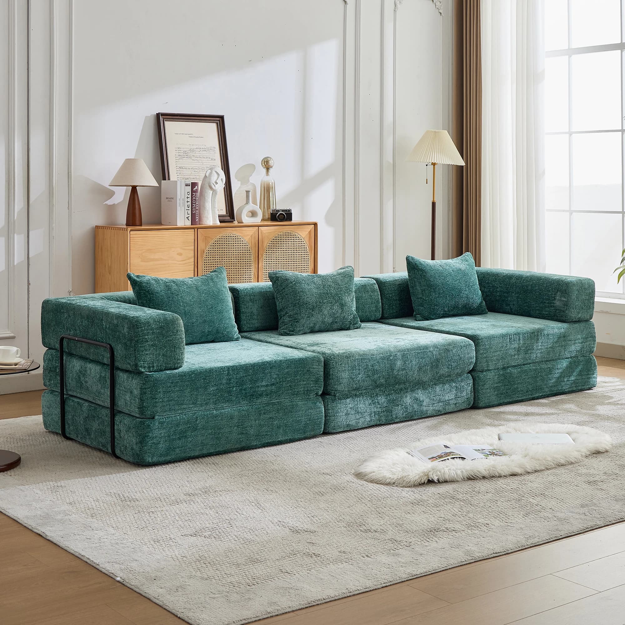 Green Chenille Modular Convertible Sofa Bed, 3-Seater Free Combination Sectional Couch with Pocket Spring Memory Foam, Pet Friendly Fabric Sofa,No Assembly Vacuum Compressed Sofa for Living Room Apartment