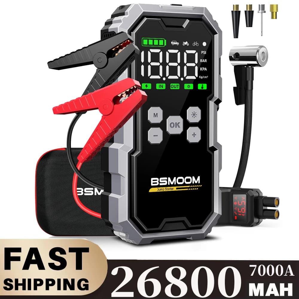 150PSI Air Pump Car Battery Emergency Boosters ,7000A/1500A PEAK Car Jump Starter Power Bank ,Portable Starting Device Car Starter New,Cars with USB Ports And LED Flashlight, 26800mAh/21800mAh Portable Car Jump Starter, Battery Jump Starter
