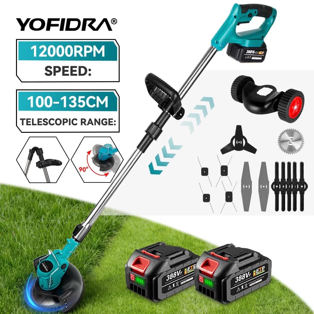 YOFIDRA Electric Lawn Mower Cordless Garden Grass Cutting Trimmer 100-135cm Length Cutter Power Tool For Makita 21V Battery Pin