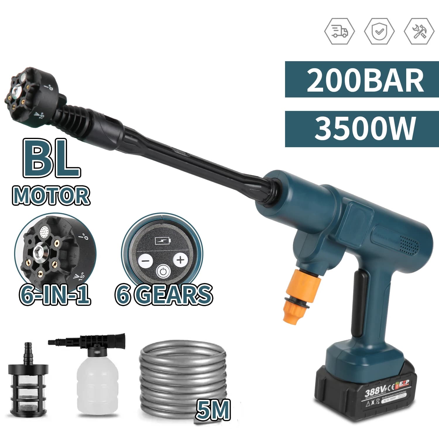 200Bar Brushless Electric High Pressure Washer Gun 3500W Spray Gun Car Wash Garden Clean Power Tools for Makita 21V Battery Pin
