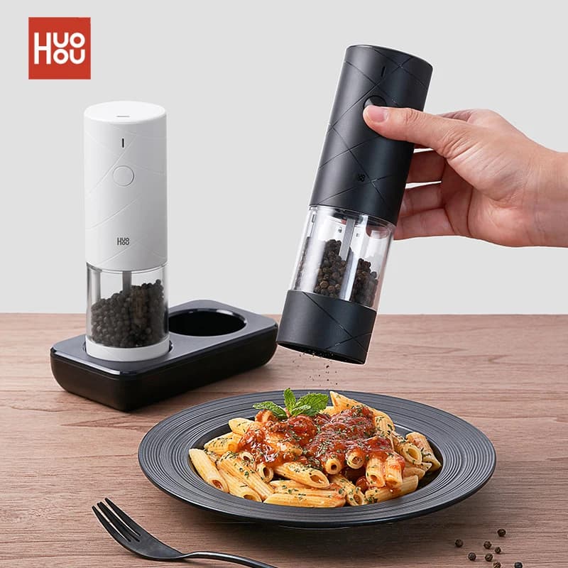 NEW Huohou Electric Grinder Pepper Seasonings Spices Grain Mill Salt Shaker LED Light 6 Modes Kitchen Cooking Tool 2pcs Set