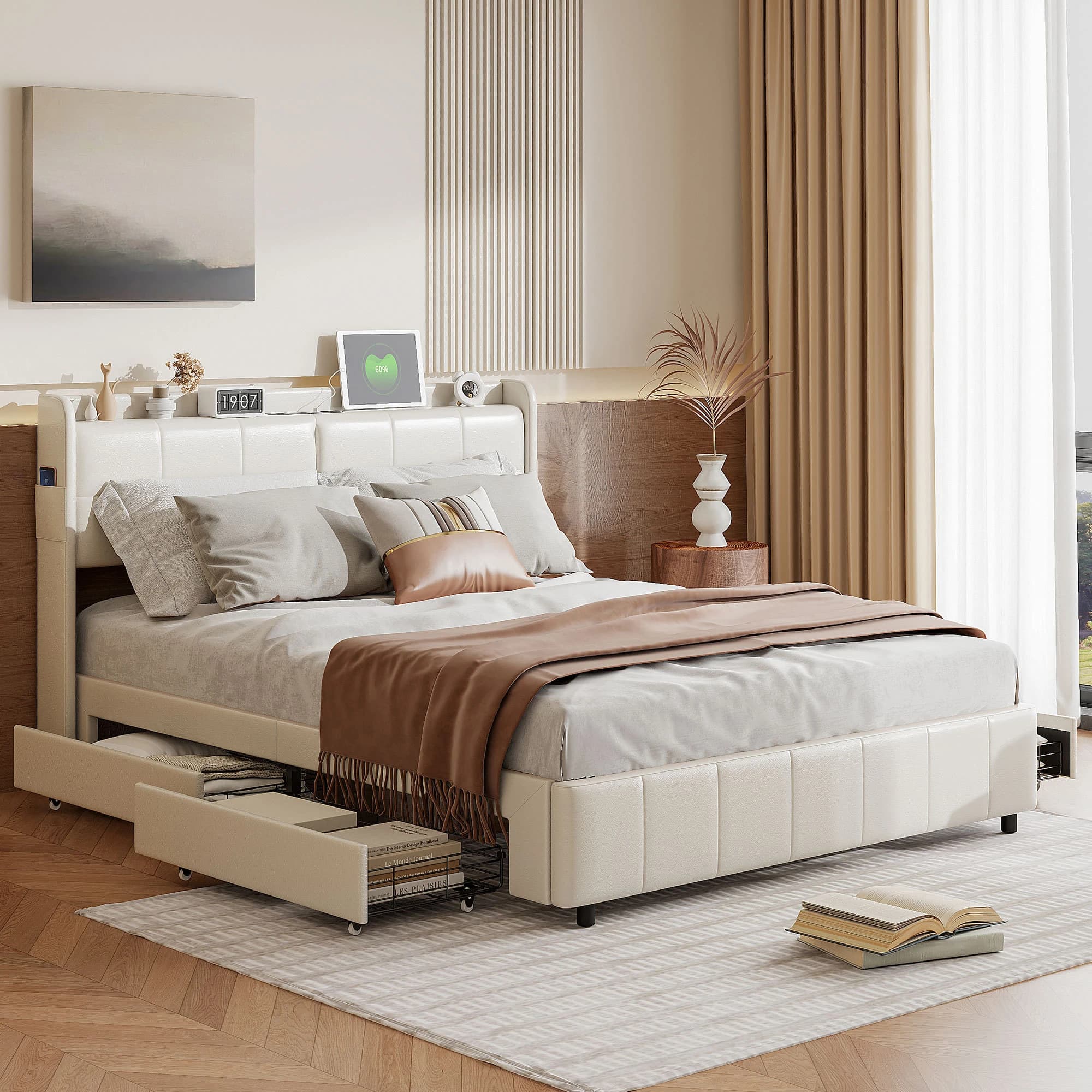 Rosahqnda Upholstered Storage Bed Frame 160x200cm Double Size, Fangange Platform Bed with 4 Drawers, USB Charging Ports & Wood Slatted Frame, Upholstered Headboard Bedroom Furniture